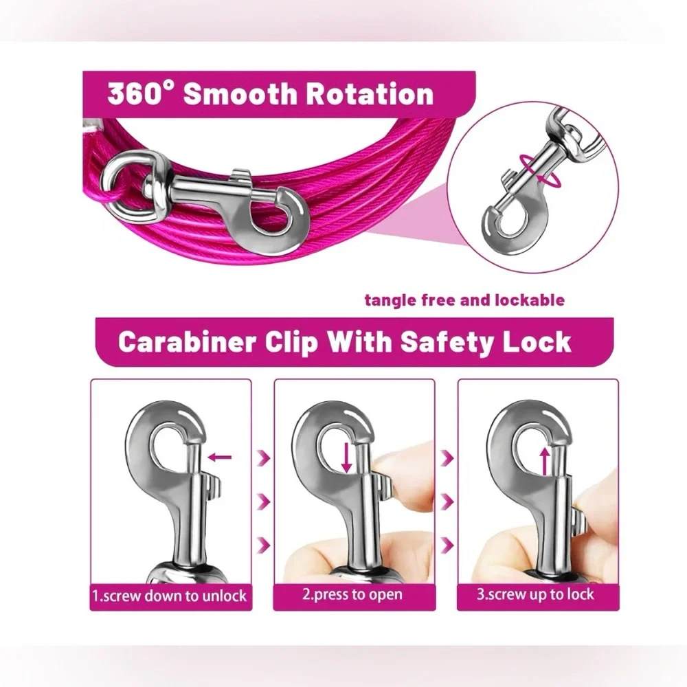 Pink Dog Tie-Out Cable with Metal Clips